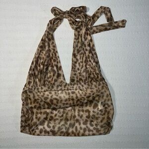 Women’s Y2K Halter Neck Leopard Tank Top Size Large Party Going Out Mesh Animal